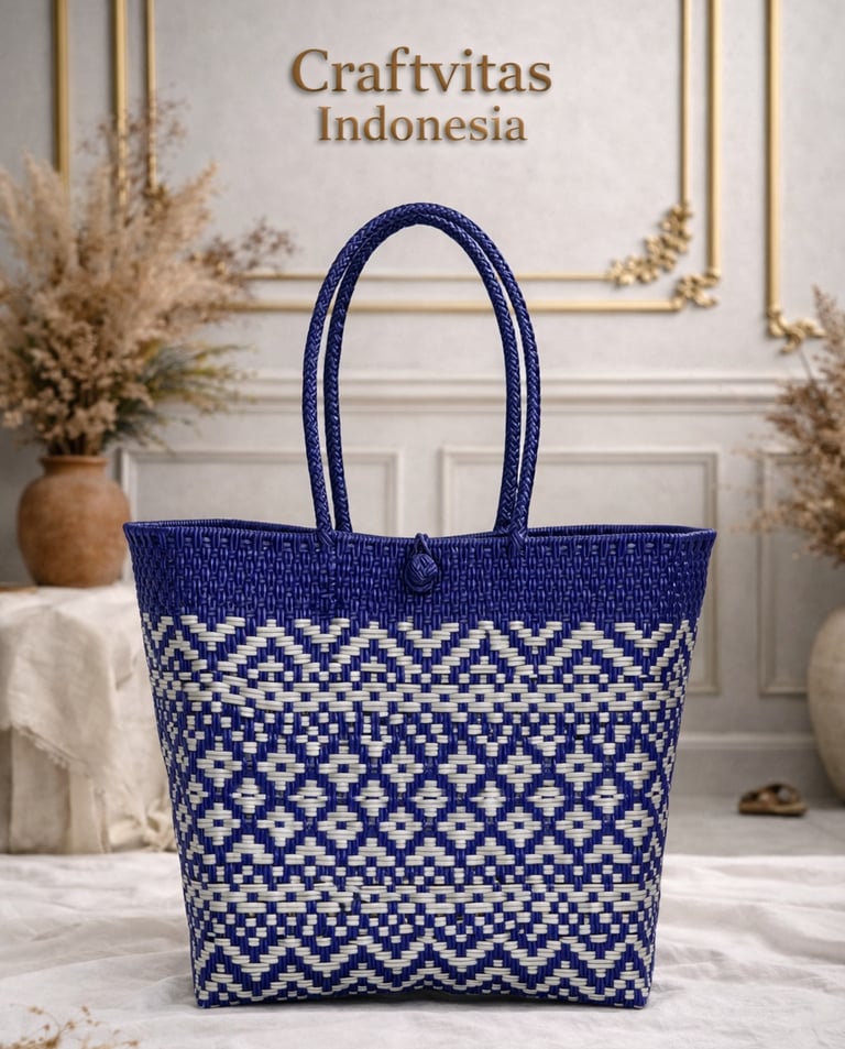 Handwoven plastic tote bag with Indonesian ethnic batik pattern in blue and white, sustainable handmade bag