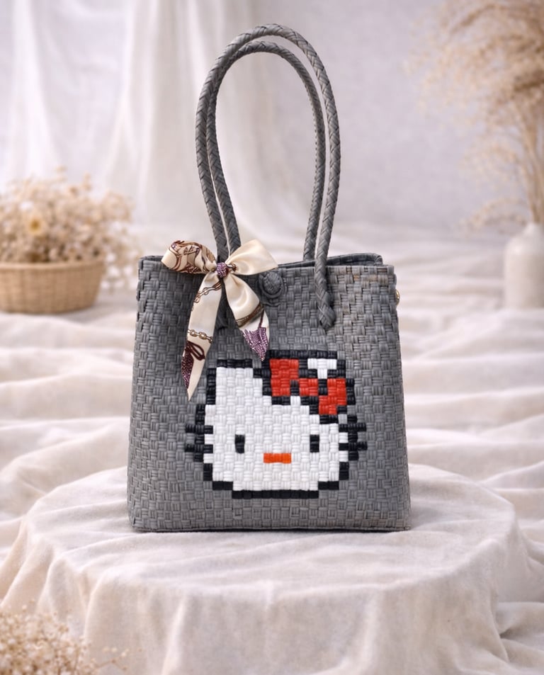 Dark grey handmade plastic woven tote bag with cute cat character, sustainable handmade bag