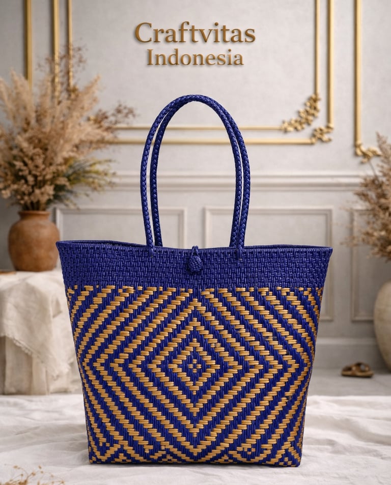 Handmade batik plastic woven tote bag in navy blue and brown diamond pattern, eco friendly Indonesian craft by Craftvitas