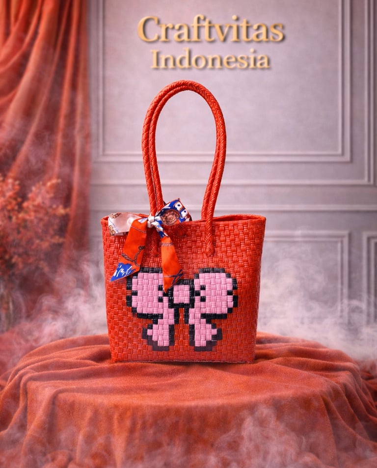 Red handwoven plastic tote bag with bow character design, handmade recycled plastic bag from Indonesia