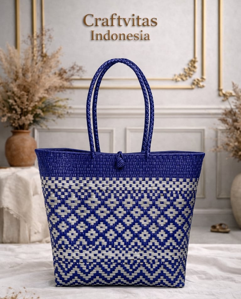 Handmade batik plastic woven tote bag with blue and white geometric pattern, Indonesian handmade bag by Craftvitas