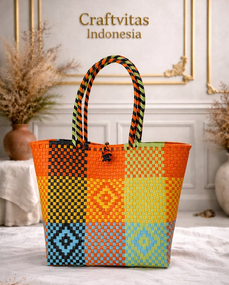 Handmade multicolor batik plastic woven tote bag with patchwork pattern, eco friendly artisan bag from Craftvitas Indonesia