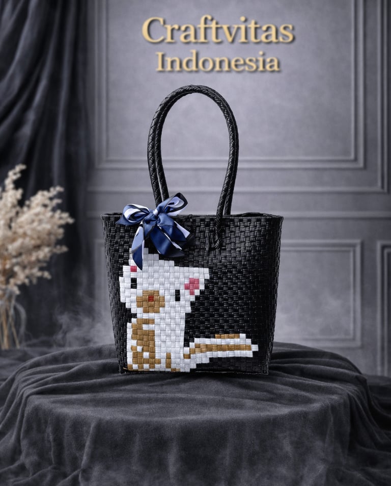Tas anyaman karakter kucing hitam handmade dari plastik daur ulang