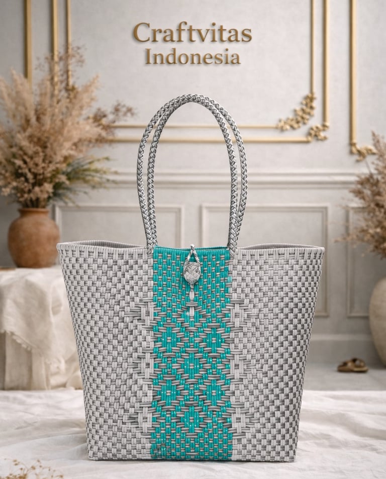 Handmade batik plastic woven tote bag in grey and turquoise minimalist pattern, sustainable Indonesian tote bag by Craftvitas