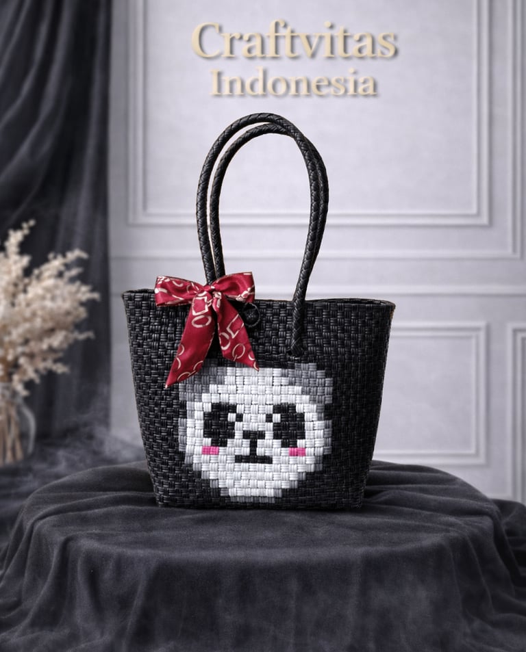 Cute black handwoven plastic tote bag with character pattern, handmade recycled plastic bag