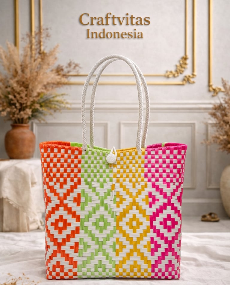 Handmade white multicolor batik plastic woven tote bag with diamond motif, eco friendly Indonesian craft by Craftvitas