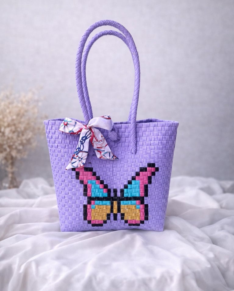 Purple handwoven plastic tote bag with butterfly character, handmade recycled plastic tote bag