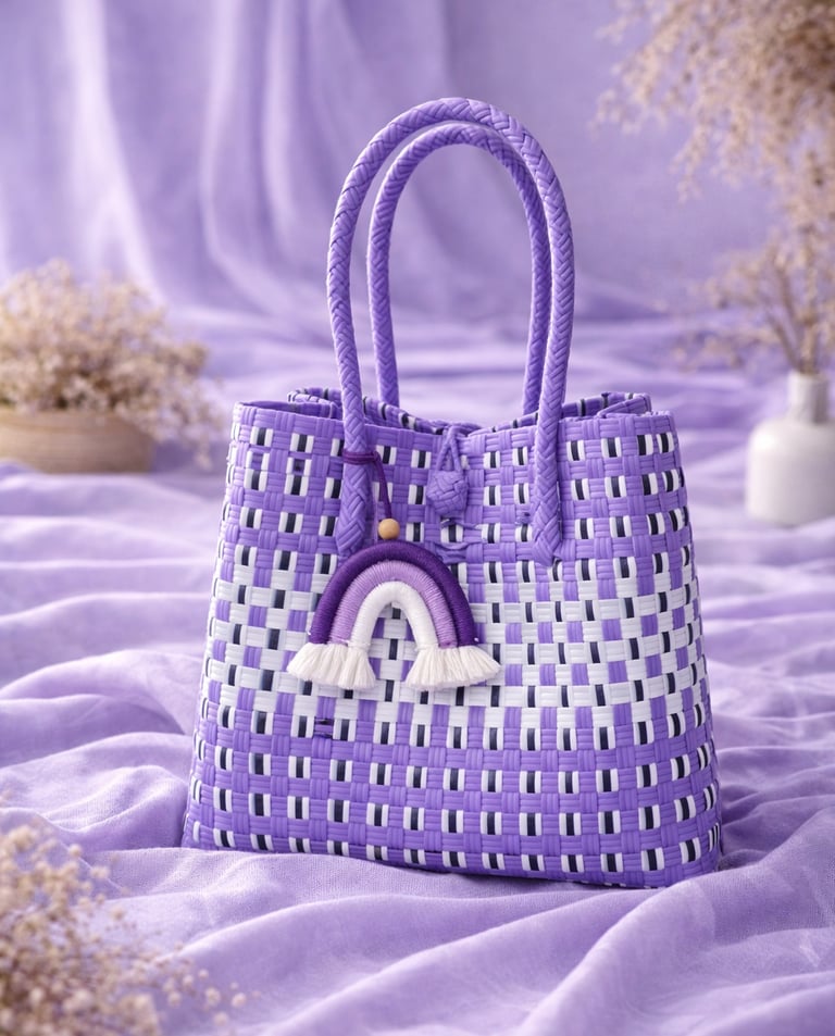 Handmade recycled plastic woven tote bag lavender purple combination sustainable women handbag Craftvitas Indonesia