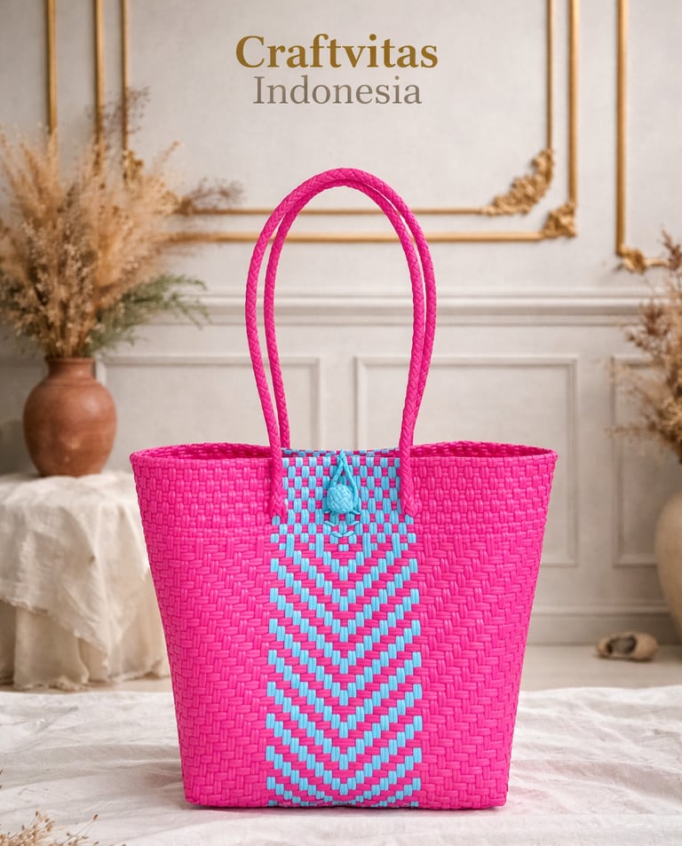 Handmade plastic woven tote bag with pink and blue chevron batik pattern from Indonesia