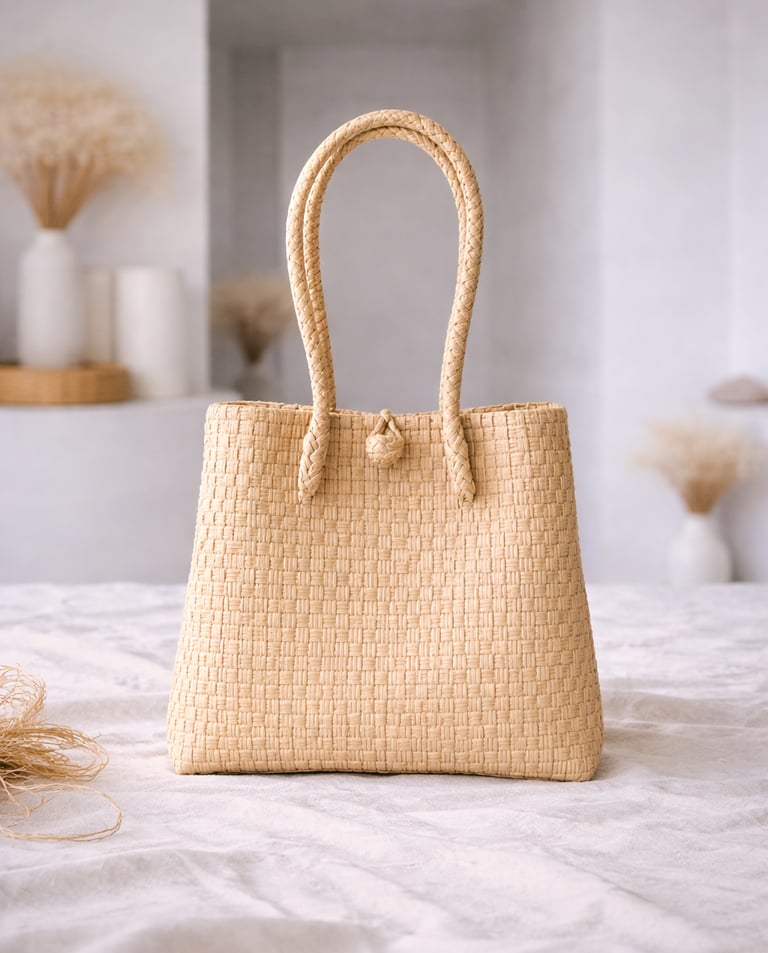 Handwoven cream plastic tote bag handmade from recycled materials by Indonesian artisans