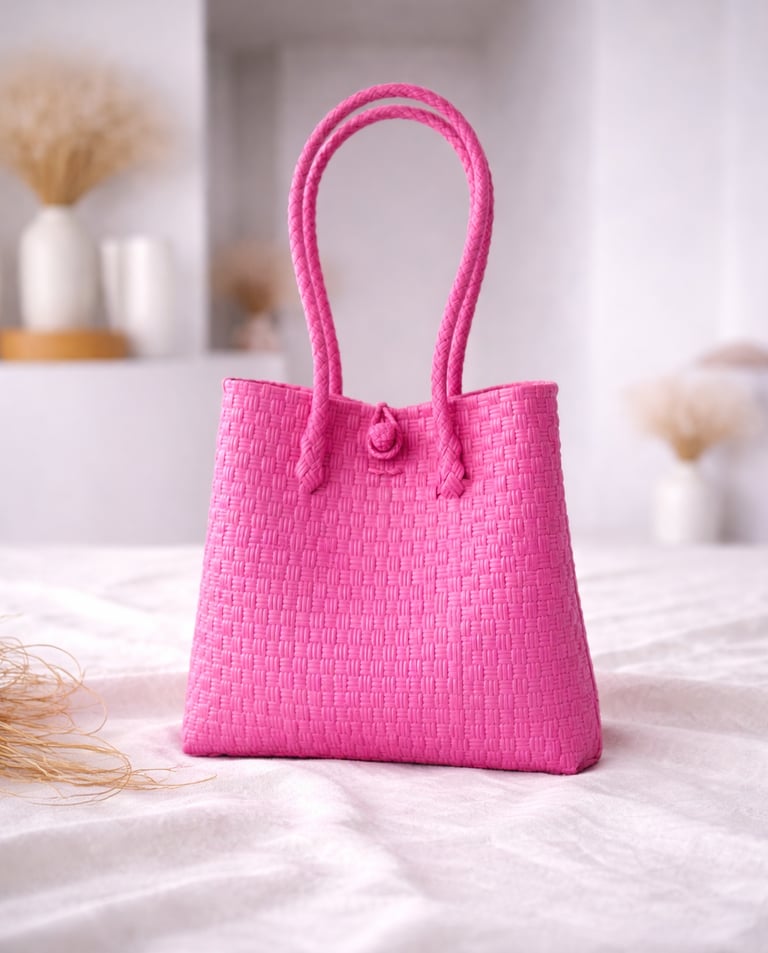 Handwoven fuchsia pink plastic tote bag handmade from recycled materials by Indonesian artisans