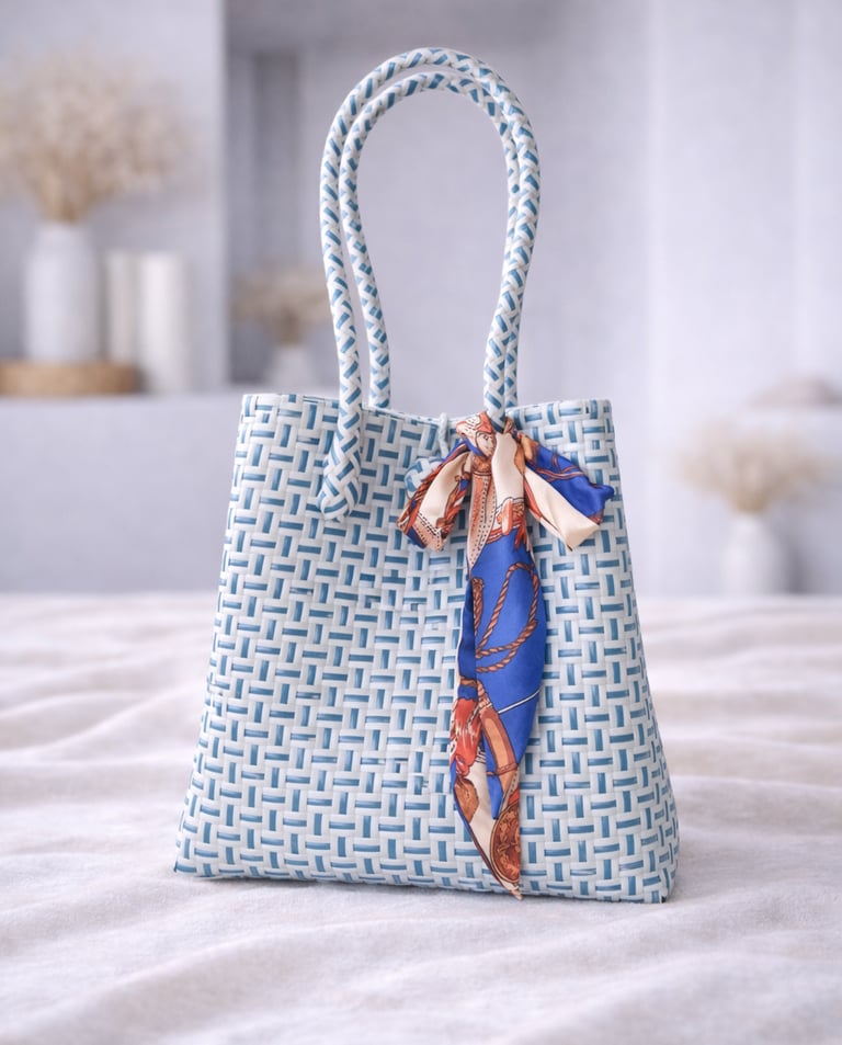 Handwoven white and blue plastic tote bag handmade from recycled materials by Indonesian artisans