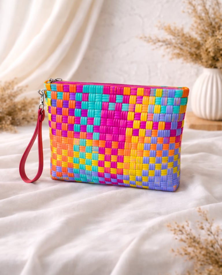 Bright multicolor woven plastic clutch bag with checkered pattern handmade in Indonesia