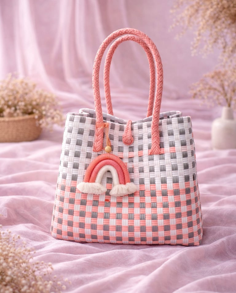 Handmade recycled plastic woven bag grey pink combination eco friendly tote handbag by Craftvitas Indonesia