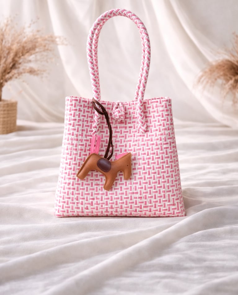 White pink woven plastic tote bag handmade from recycled plastic by Craftvitas