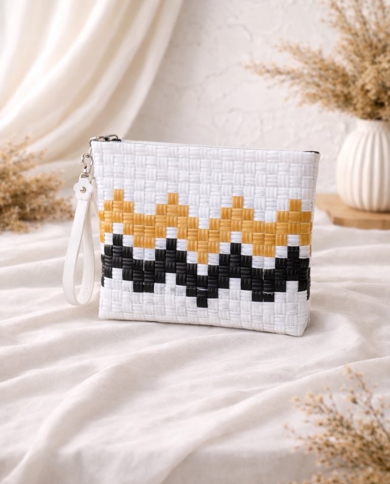 White black yellow patterned woven plastic clutch bag handmade eco craft