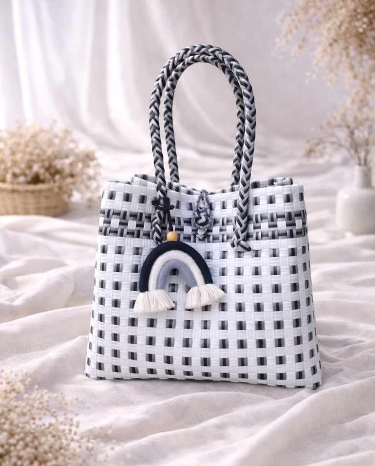 Handmade recycled plastic woven tote bag black white modern pattern eco friendly women bag Craftvitas Indonesia