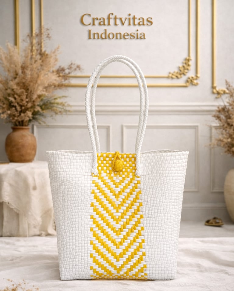 White and yellow handwoven plastic tote bag with chevron batik pattern, handmade Indonesian bag