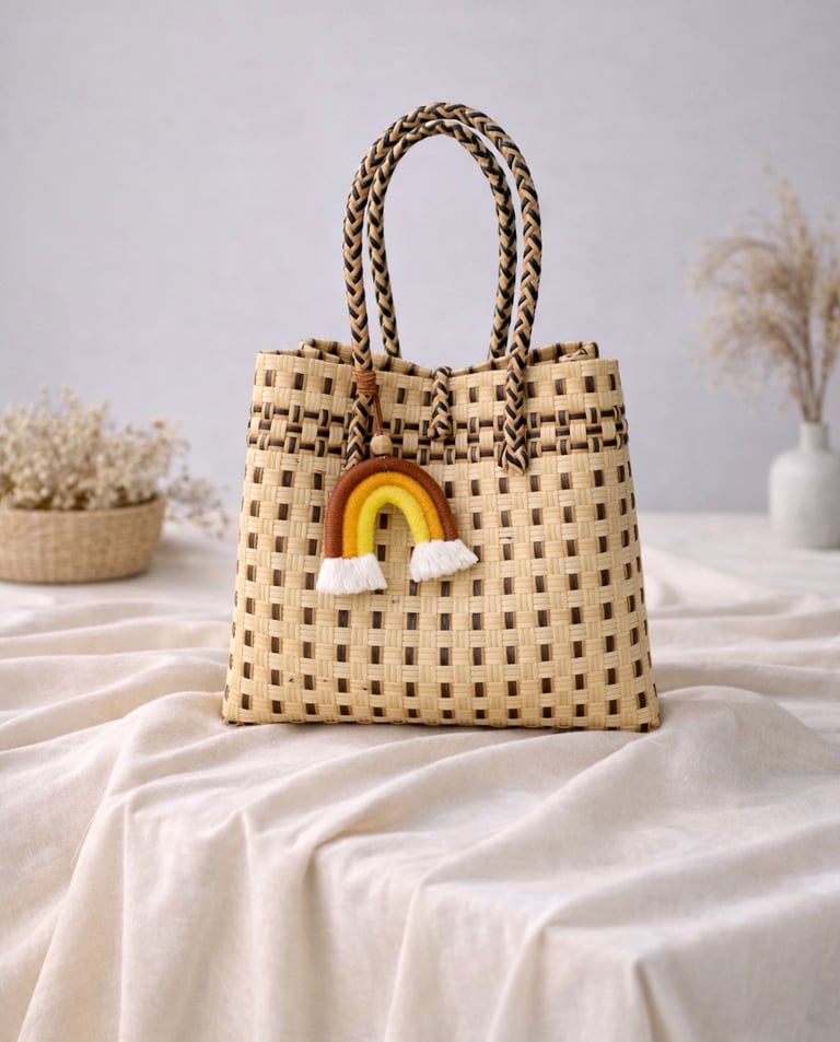 Handmade recycled plastic woven bag natural cream combination sustainable eco friendly tote Craftvitas Indonesia