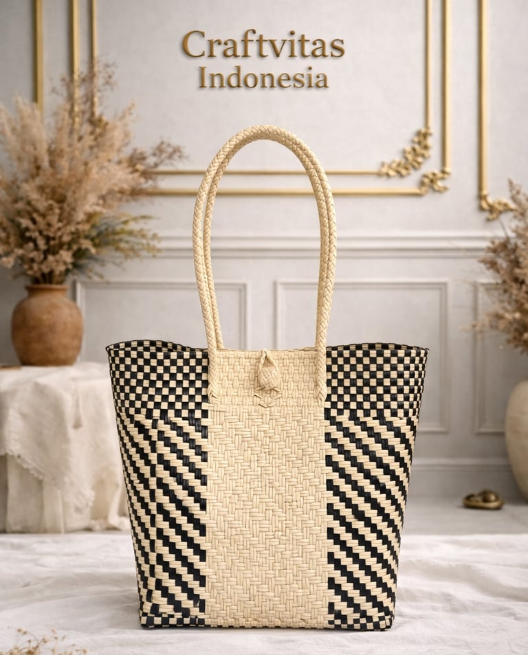 Cream and black handwoven plastic tote bag with diagonal batik pattern, Indonesian handmade woven bag