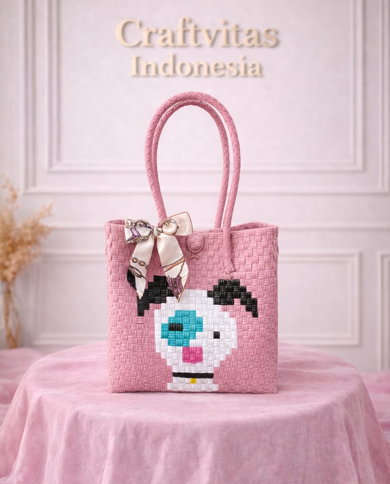Pink handwoven plastic tote bag with dog character, handmade recycled plastic character tote bag