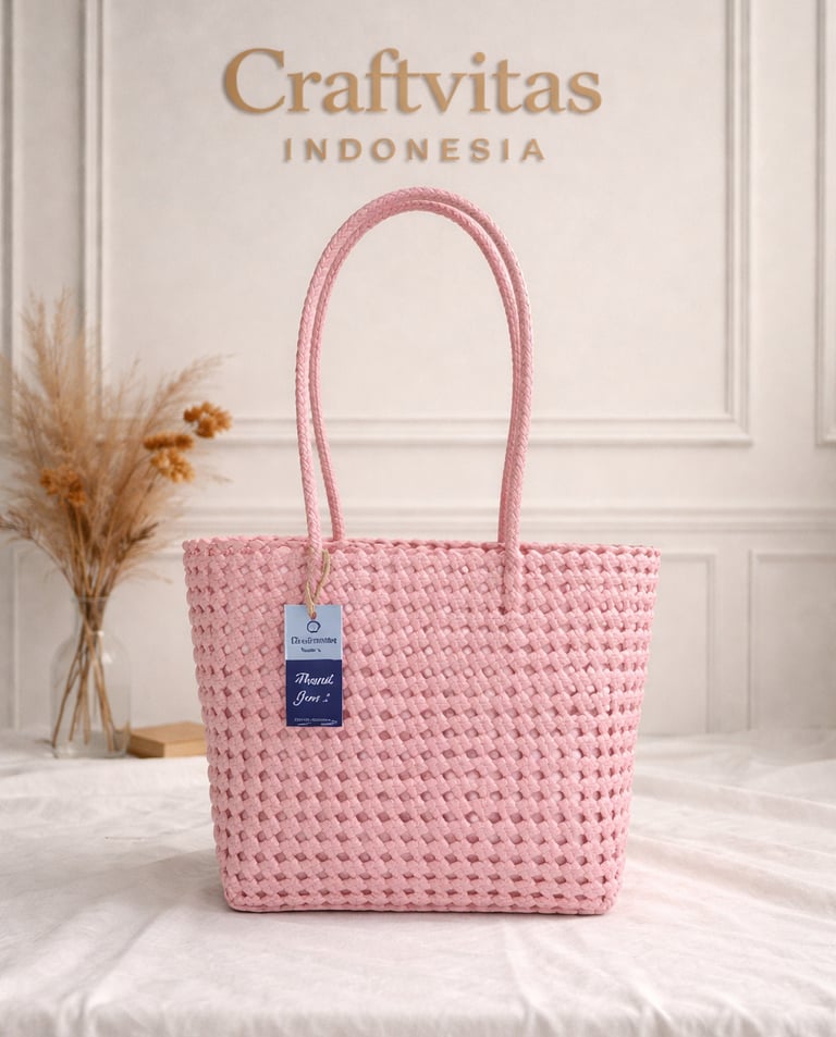 Tas anyaman plastik model sekar soft pink handmade Craftvitas Indonesia