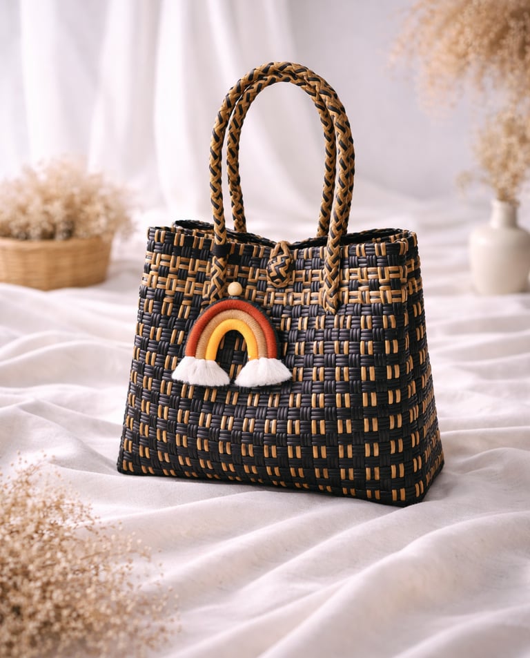 Premium handmade recycled plastic woven tote bag black gold strip combination fashion eco bag Craftvitas Indonesia
