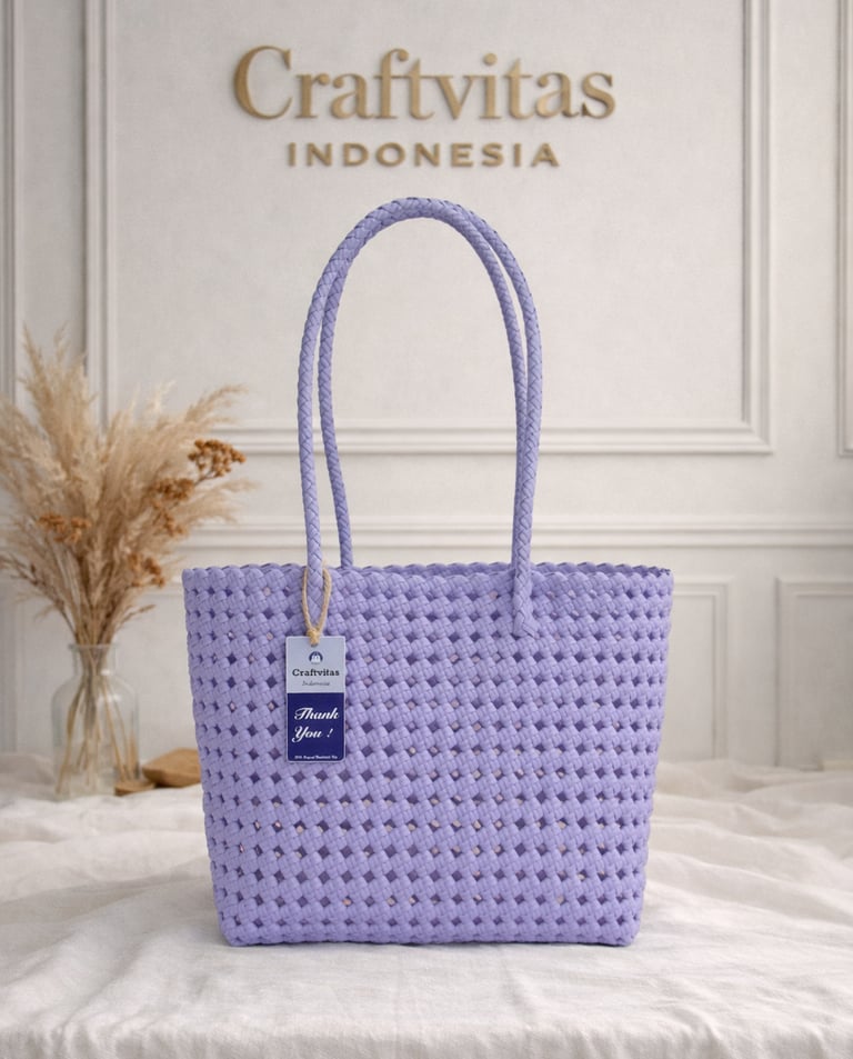 Lavender handmade woven plastic tote bag Sekar series, sustainable artisan handbag Craftvitas