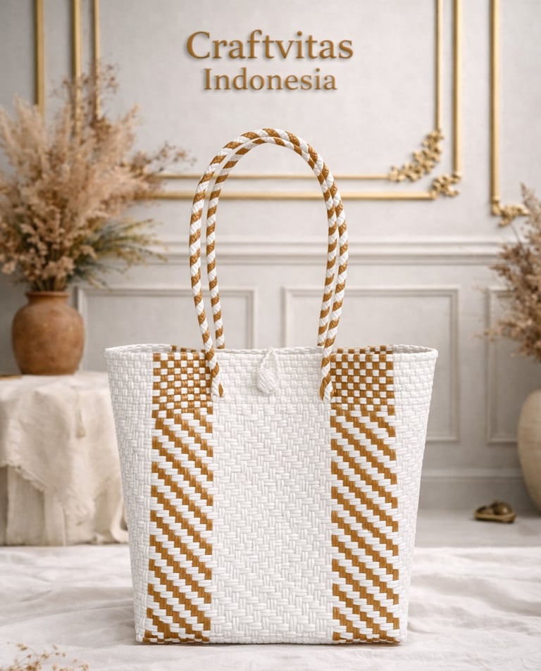 White and brown handwoven plastic tote bag with diagonal batik pattern, handmade in Indonesia