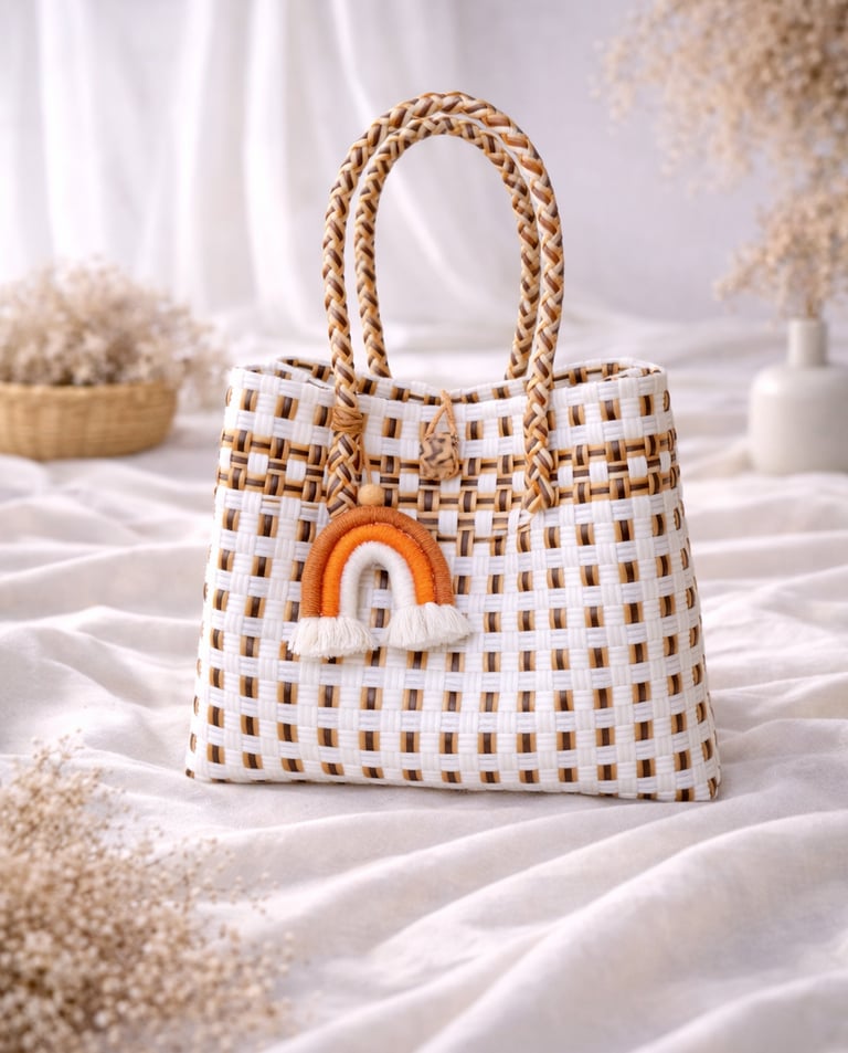 Handmade recycled plastic woven bag white gold strip combination eco friendly women tote Craftvitas Indonesia