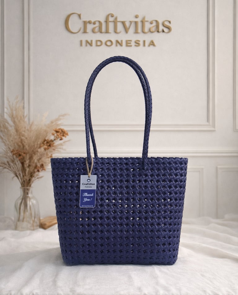 Navy blue handmade woven plastic tote bag Sekar series, eco friendly woven handbag