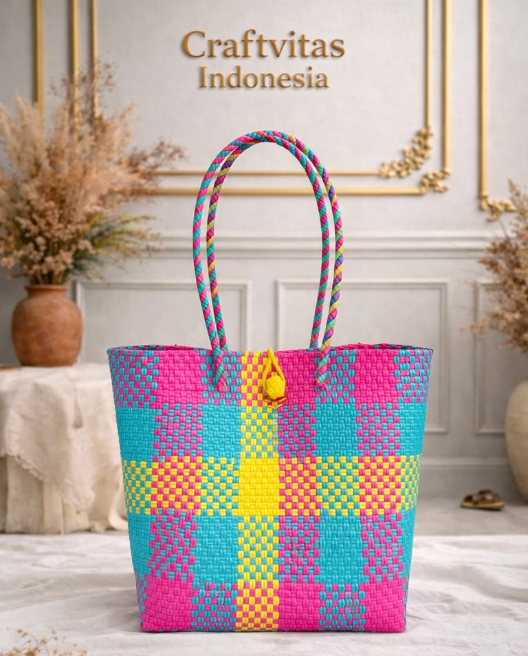 Multicolor handwoven plastic tote bag with checkered batik pattern, Indonesian handmade woven bag