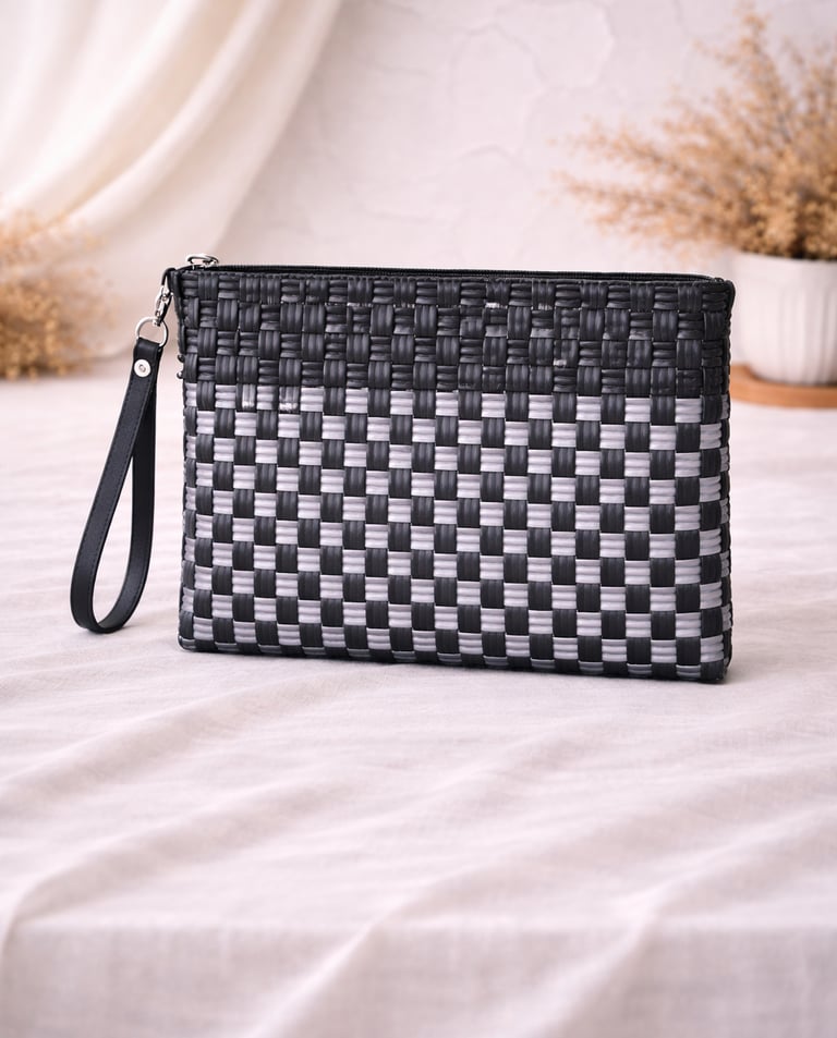 Black and grey checkered woven plastic clutch bag handmade in Indonesia