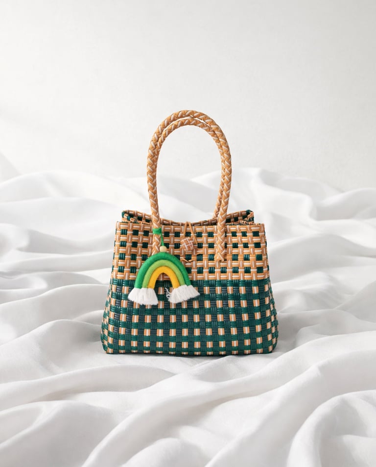 Handmade recycled plastic woven tote bag green natural combination sustainable handbag Craftvitas Indonesia