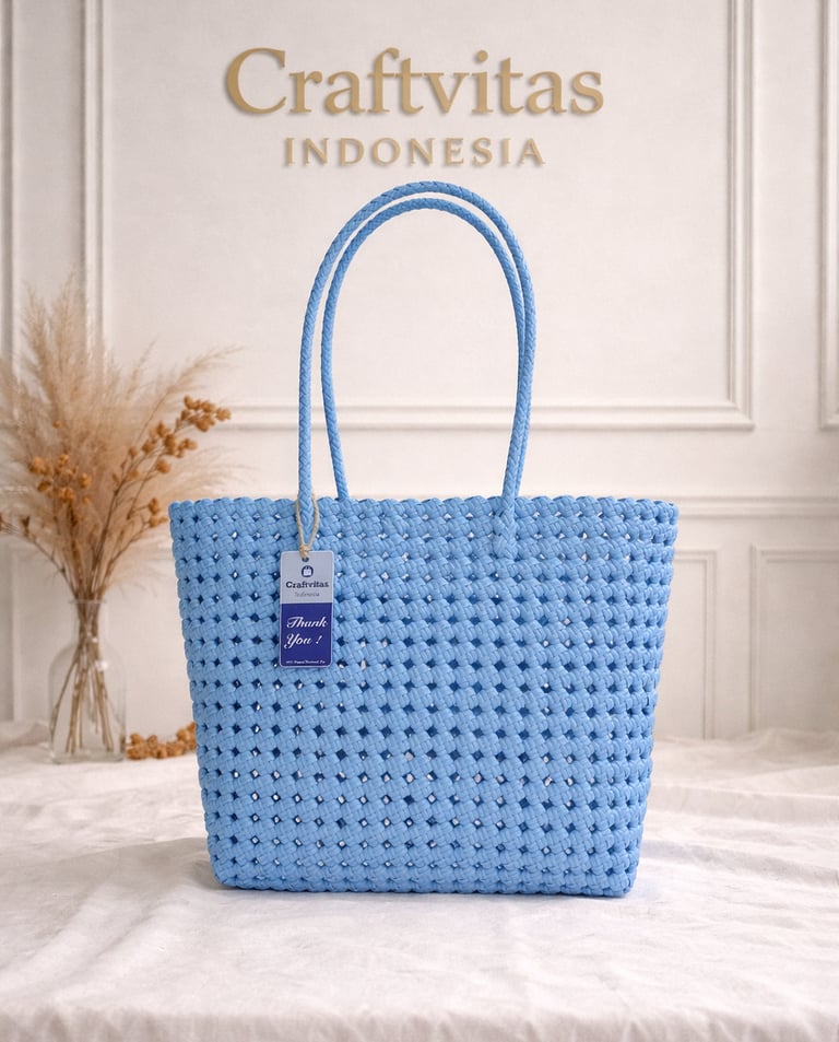 Baby blue handmade woven plastic tote bag Sekar series, recycled plastic artisan bag