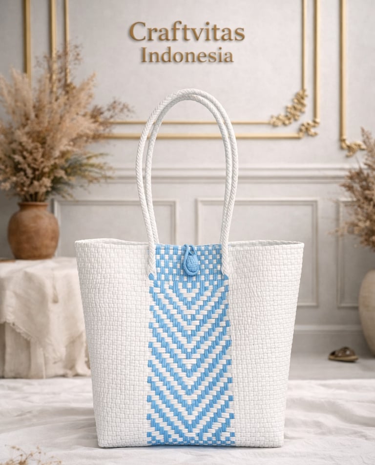 White and blue handwoven plastic tote bag with chevron batik pattern, handmade Indonesian tote bag