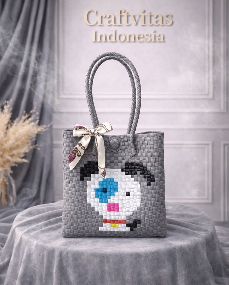 Grey handwoven plastic tote bag with dog character, handmade eco friendly woven bag