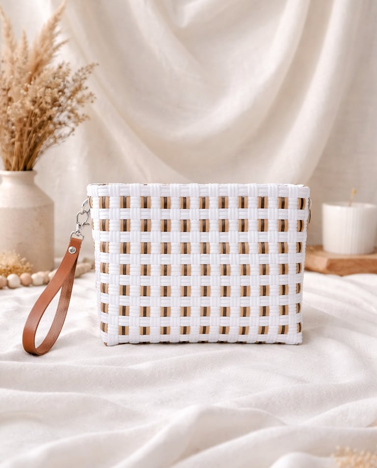 White and brown natural tone woven plastic clutch bag handmade eco craft