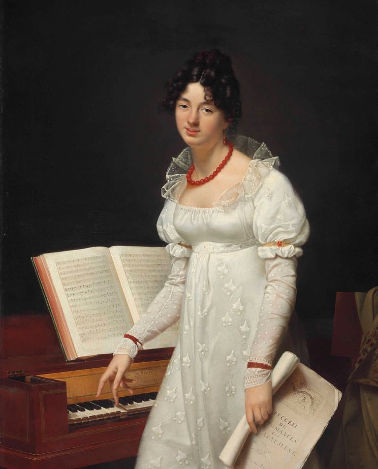 Image of a Regency lady in a white gown standing near a pianoforte.