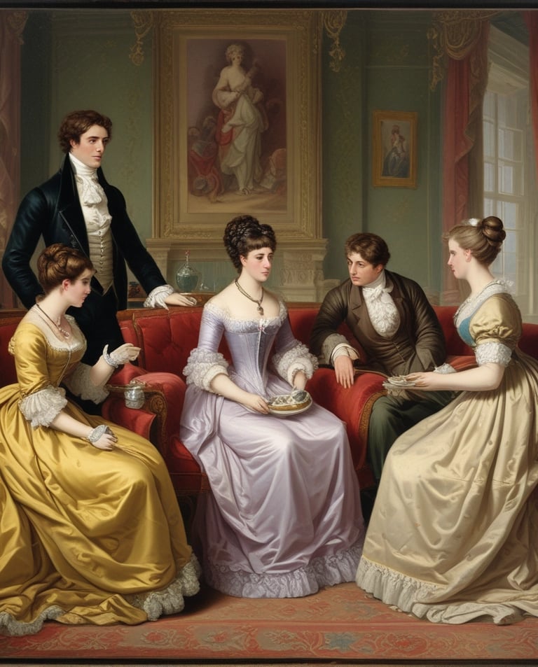 Image of three Regency ladies and two gentlemen talking in a room