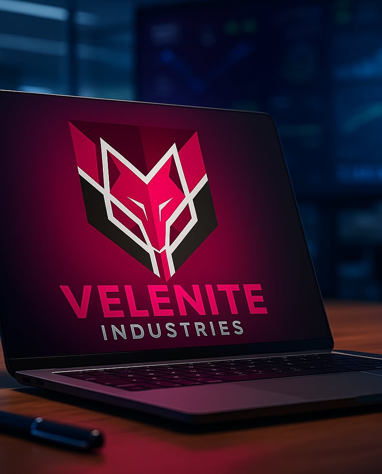 Portátil em cima de uma secretária, mostrando o logótipo da Velenite Industries