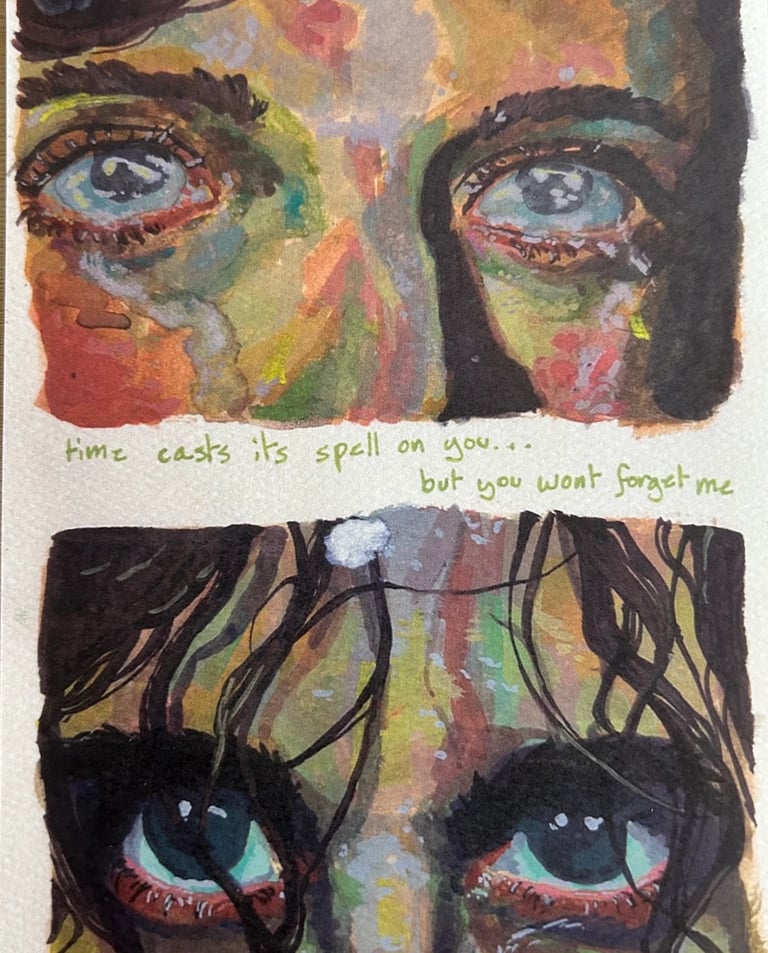 A gouache on paper painting of Takara's titled "Soulmate" that features the eyes of two people.