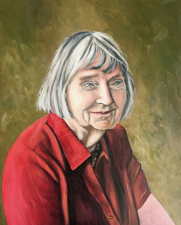 original hand painted oil painting old woman smiling red shirt portrait custom 