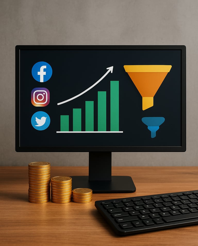 Gráficos-crescentes-tela-computador-moedas-douradas-ícones-redes-sociais-funil-vendas