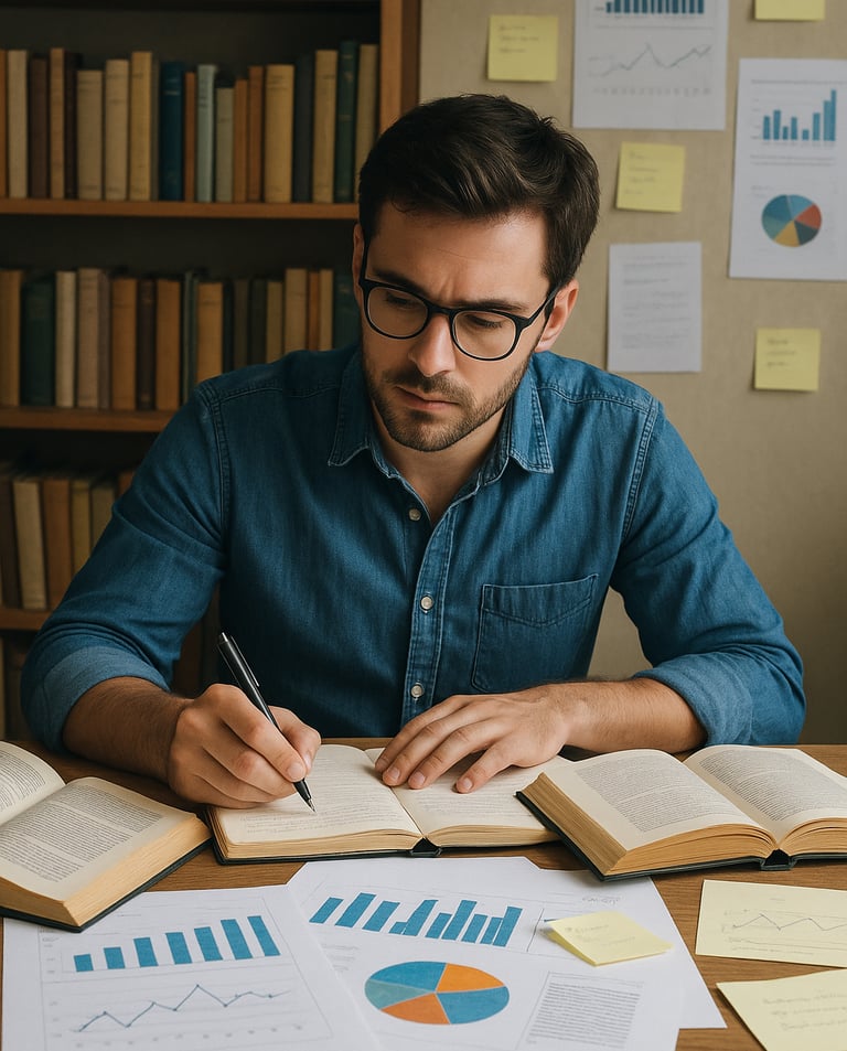 Ilustração-copywriter-trabalhando-cercado-livros-gráficos-notas