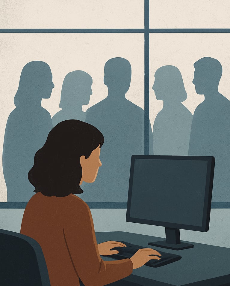 Ilustração-pessoa-atrás-tela-computador -parede-vidro-entre-várias-silhuetas