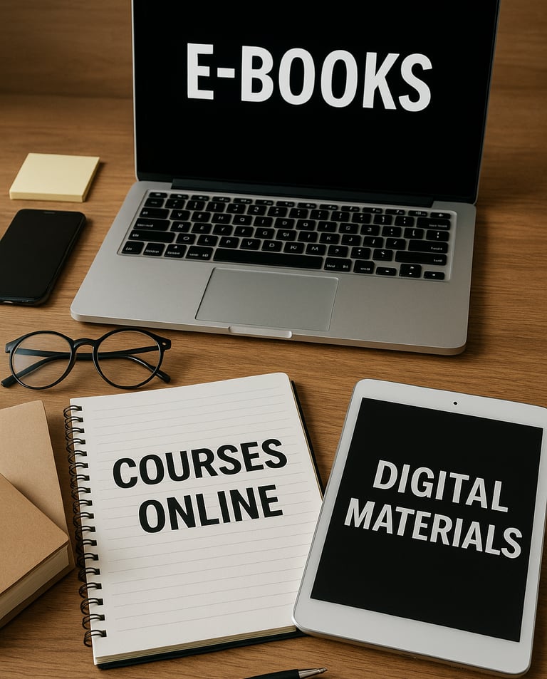 Imagem-E-books-cursos-online-materiais-digitais-organizados-mesa-laptop