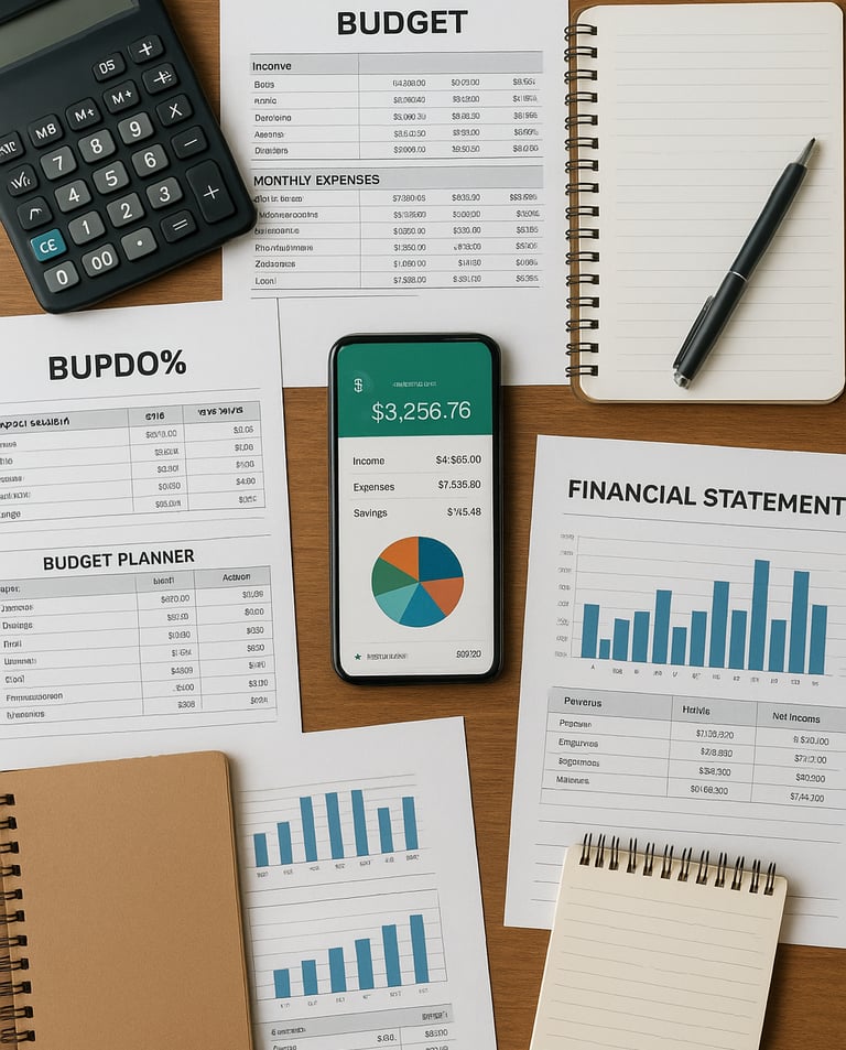Mesa-vista-cima-vários-materiais -educativos-sobre-finanças