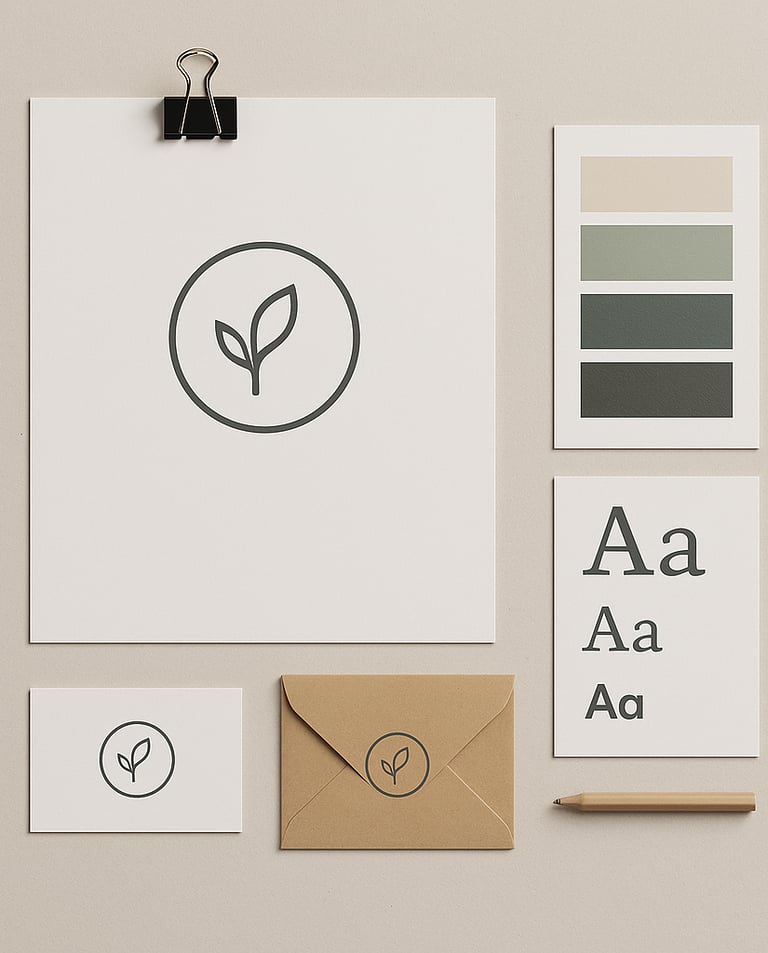 Mockup de diferentes elementos de identidade visual: logos, paleta de cores, tipografias e materiais