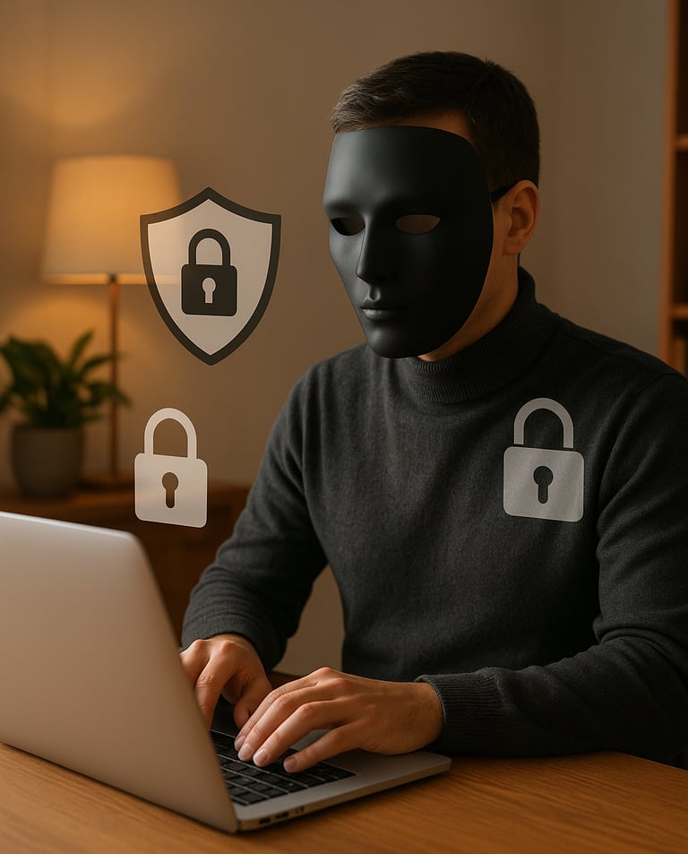 Pessoa-trabalhando-computador-máscara-artística-silhueta-elementos-privacidade